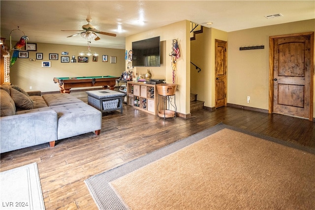 living room featuring ceiling fan, wood-type flooring, and billiards