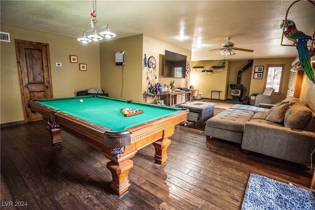 game room featuring ceiling fan, wood-type flooring, a textured ceiling, and billiards