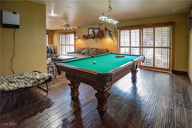 game room featuring hardwood / wood-style floors, ceiling fan, and billiards