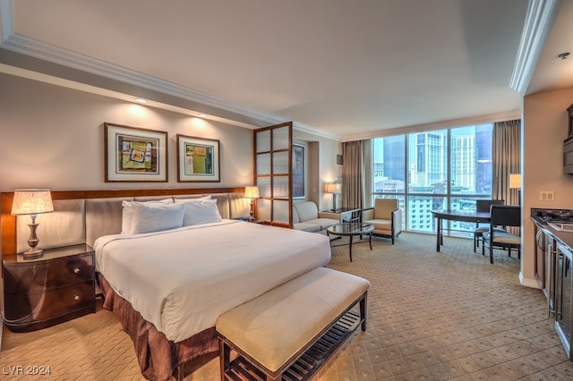 bedroom featuring carpet, expansive windows, and ornamental molding