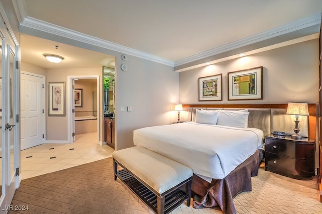 bedroom featuring light tile patterned floors, connected bathroom, baseboards, and crown molding