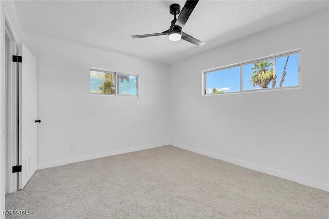 spare room featuring ceiling fan, plenty of natural light, light carpet, and a textured ceiling