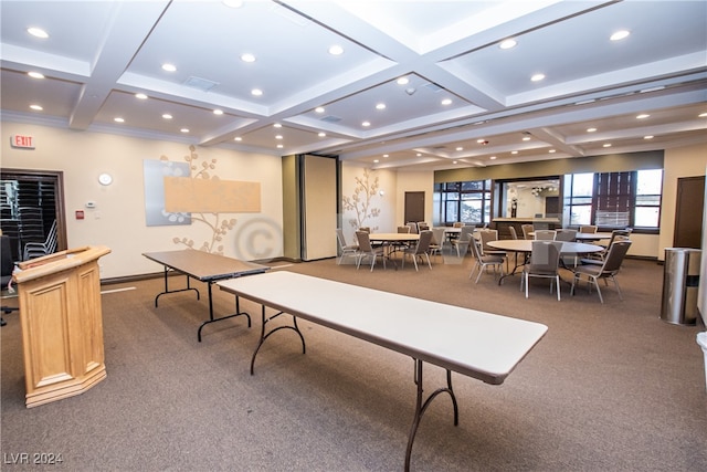 interior space featuring beam ceiling, carpet, and coffered ceiling