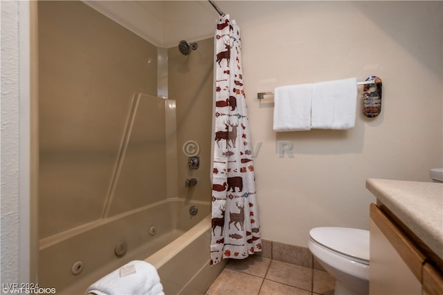 full bathroom with tile patterned flooring, vanity, shower / tub combo with curtain, and toilet