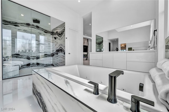 9760 Solar Ave, Las Vegas, NV 89149 - bathroom featuring a marble finish shower, a whirlpool tub, recessed lighting, and vanity