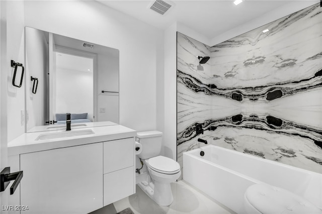 bathroom featuring visible vents, shower / tub combination, vanity, and toilet