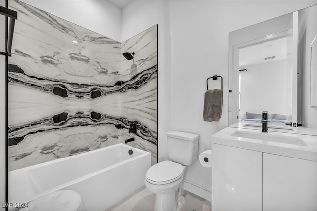 full bathroom with  shower combination, visible vents, vanity, and toilet