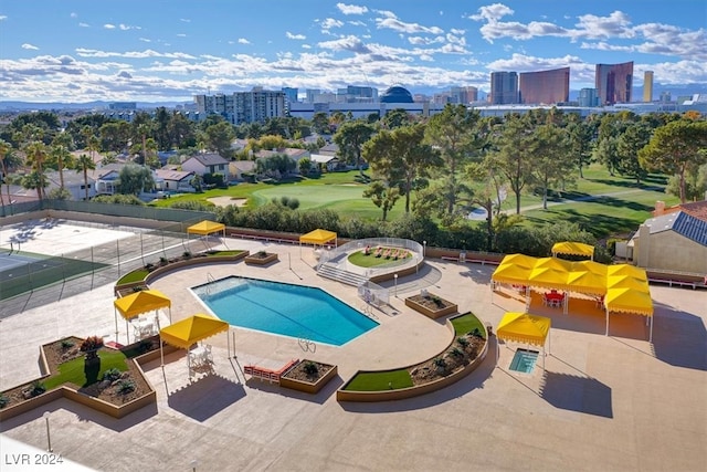 view of swimming pool with a hot tub and a patio area