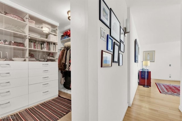 walk in closet with light wood finished floors