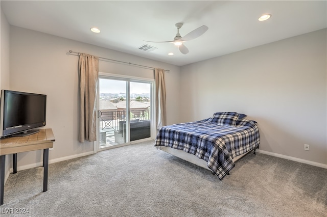 bedroom with ceiling fan, carpet flooring, and access to outside