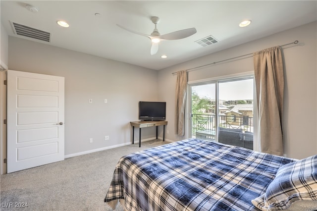 carpeted bedroom featuring ceiling fan and access to outside