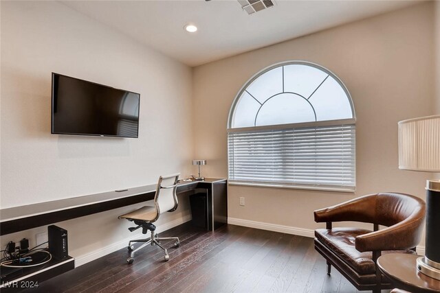 home office featuring dark wood-type flooring