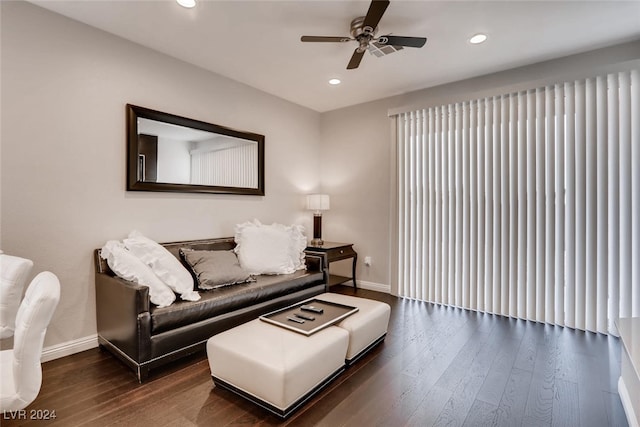 living room featuring dark wood-style floors, recessed lighting, baseboards, and a ceiling fan