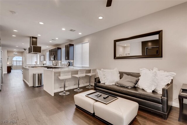 living room featuring ceiling fan and dark hardwood / wood-style flooring