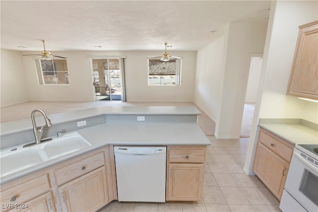 kitchen with ceiling fan, light brown cabinets, white appliances, and light tile patterned floors