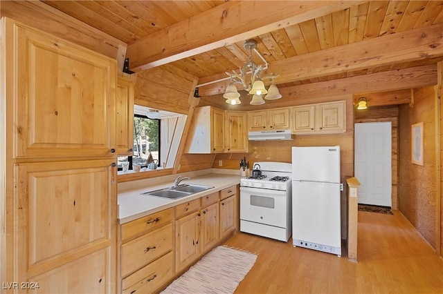 kitchen with white appliances, light countertops, light brown cabinetry, under cabinet range hood, and a sink