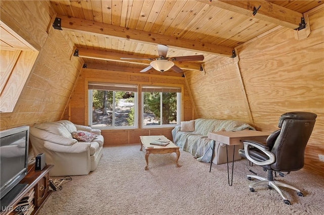 carpeted living room with wood ceiling, lofted ceiling with beams, and wood walls