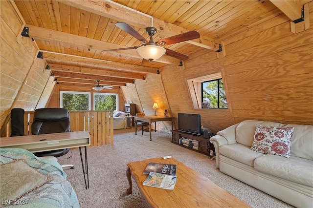 living room featuring wooden ceiling, carpet, a wealth of natural light, and beamed ceiling