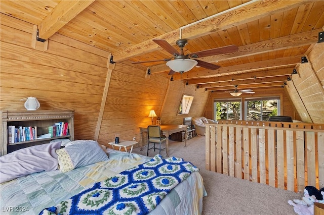 carpeted bedroom featuring wooden ceiling, beam ceiling, and wooden walls