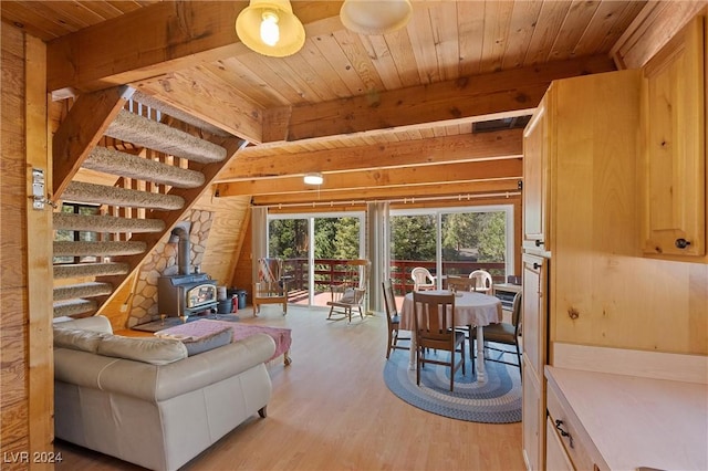 living room with wood walls, wooden ceiling, light wood-type flooring, and a wood stove