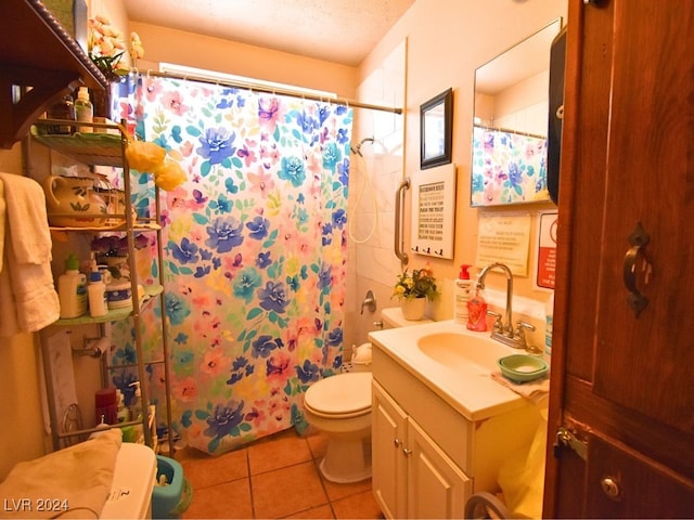 full bathroom with toilet, tile patterned flooring, vanity, a textured ceiling, and shower / tub combo with curtain