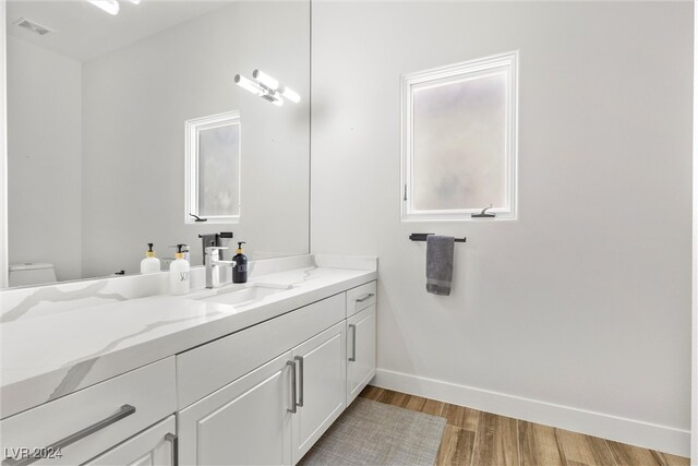 bathroom with hardwood / wood-style flooring, toilet, and vanity