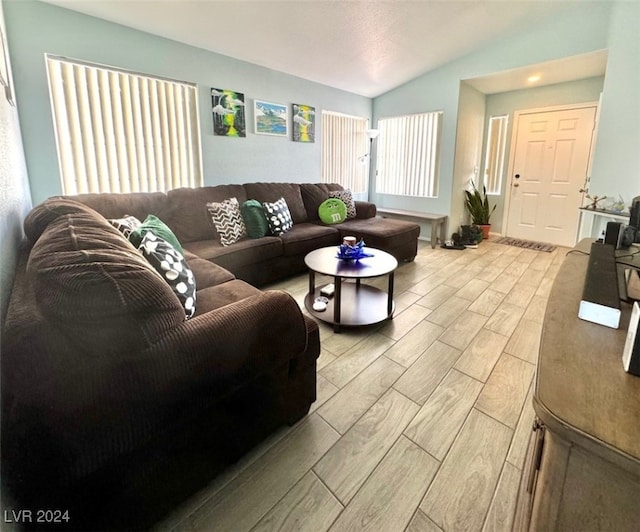 living room featuring vaulted ceiling and light hardwood / wood-style flooring