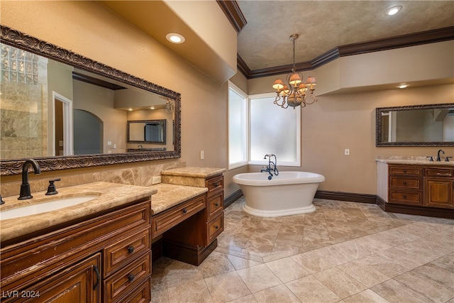 bathroom with a notable chandelier, a bathing tub, vanity, and crown molding