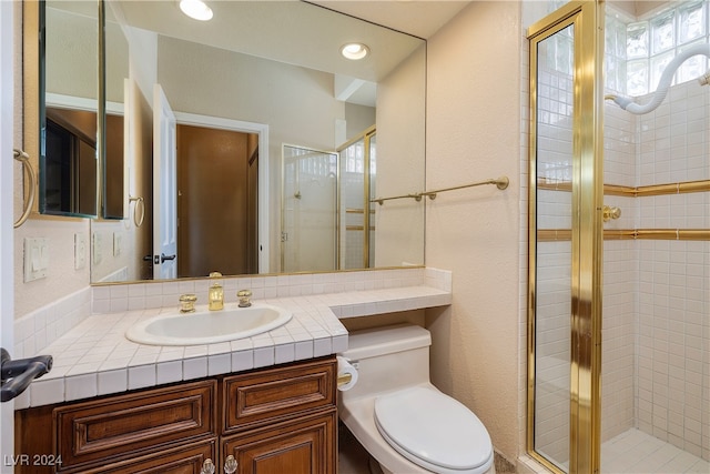 bathroom with an enclosed shower, vanity, and toilet