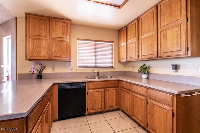 1834 Escondido Ter, Henderson, NV 89074 - kitchen featuring dishwasher, light tile patterned floors, brown cabinets, a peninsula, and a sink