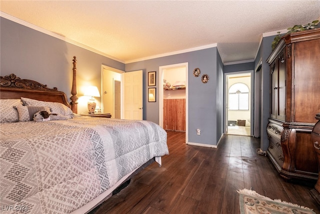 1834 Escondido Ter, Henderson, NV 89074 - bedroom with baseboards, a textured ceiling, ornamental molding, and dark wood-style flooring