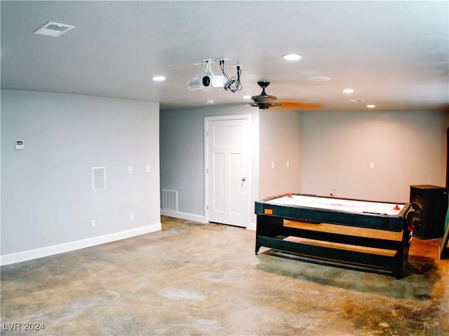 game room with recessed lighting, visible vents, concrete flooring, and baseboards