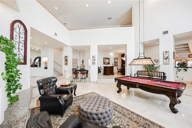 playroom featuring a towering ceiling, recessed lighting, visible vents, and pool table