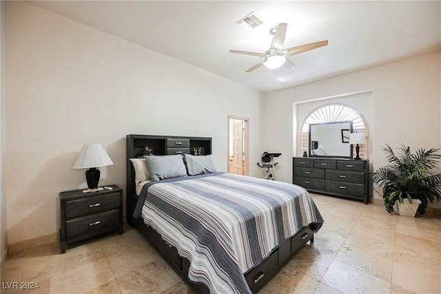 bedroom featuring ceiling fan, visible vents, and baseboards