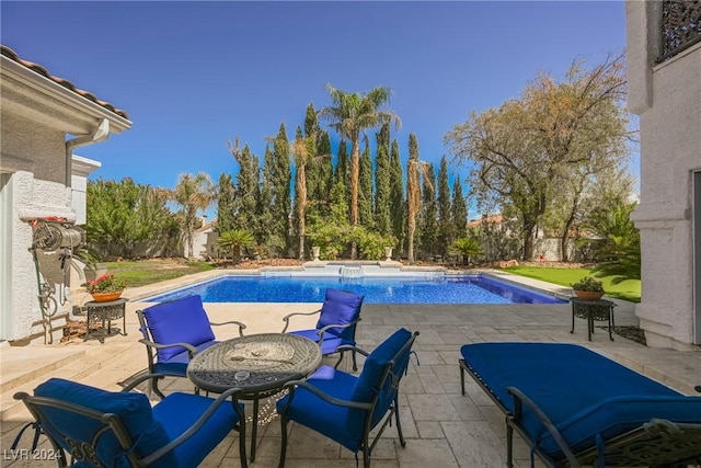 view of swimming pool featuring a patio area, a fenced backyard, and a fenced in pool