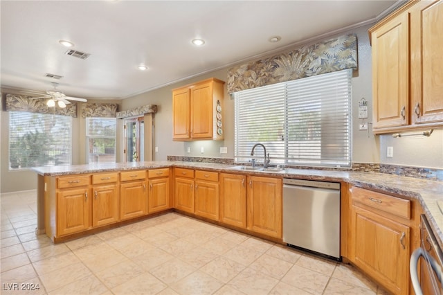 kitchen featuring ceiling fan, ornamental molding, sink, kitchen peninsula, and dishwasher