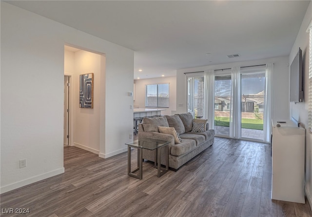 living room featuring dark wood-type flooring