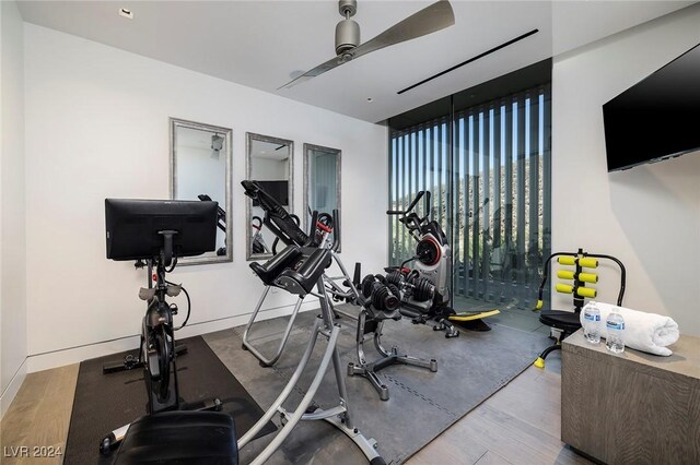 exercise room with hardwood / wood-style floors and ceiling fan