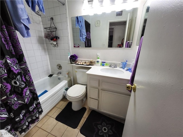 full bathroom with vanity, visible vents, tile patterned flooring, shower / bath combo with shower curtain, and toilet