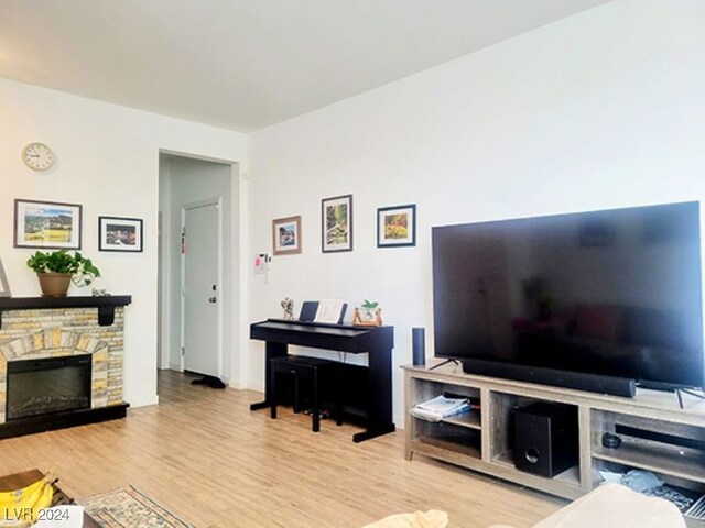 living room featuring a fireplace and light hardwood / wood-style floors