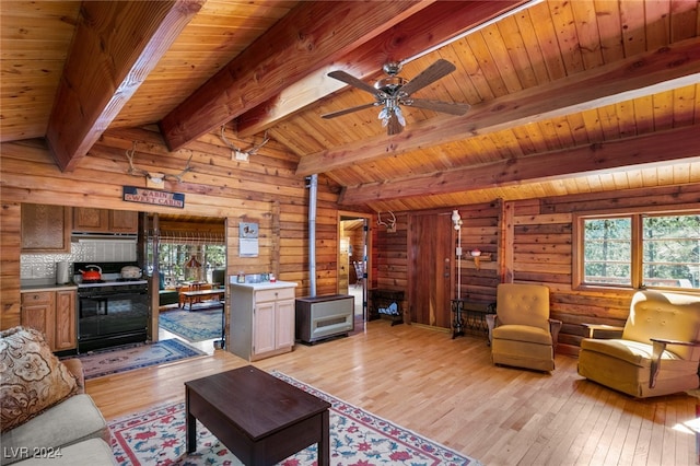 living room with a wealth of natural light, light hardwood / wood-style floors, and wooden ceiling