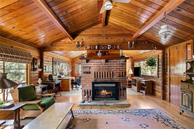 living room featuring lofted ceiling with beams, wood ceiling, light hardwood / wood-style flooring, and wooden walls