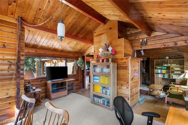 living room featuring wood-type flooring, wooden walls, vaulted ceiling with beams, and wooden ceiling