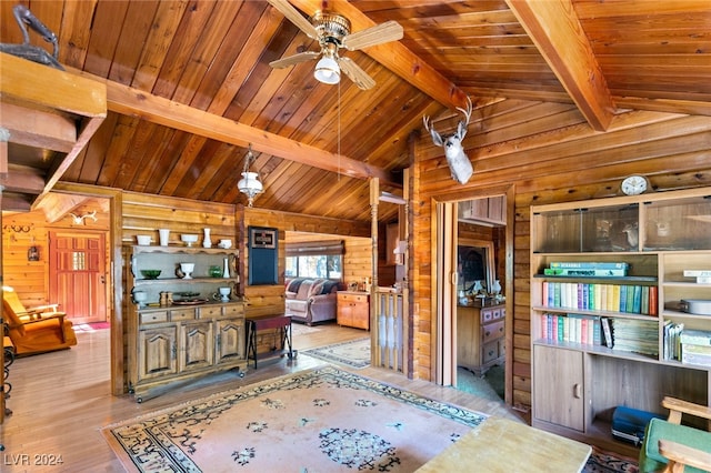 interior space with vaulted ceiling with beams, wooden walls, and wooden ceiling