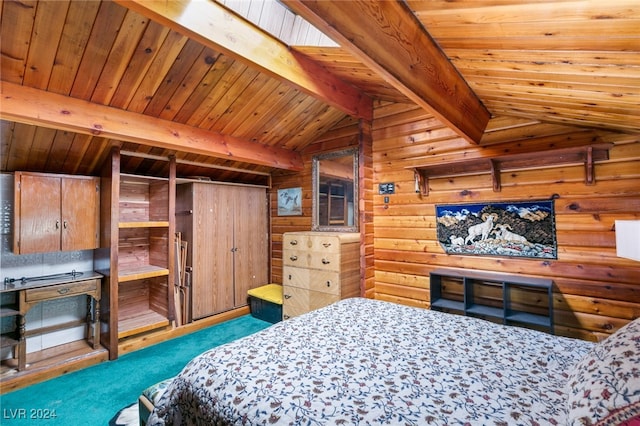 bedroom with wood walls, lofted ceiling with skylight, and wooden ceiling