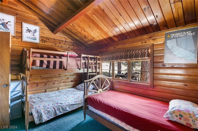 bedroom with wood ceiling, log walls, and lofted ceiling with beams