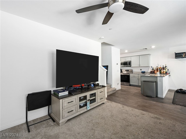 living room featuring ceiling fan and hardwood / wood-style floors