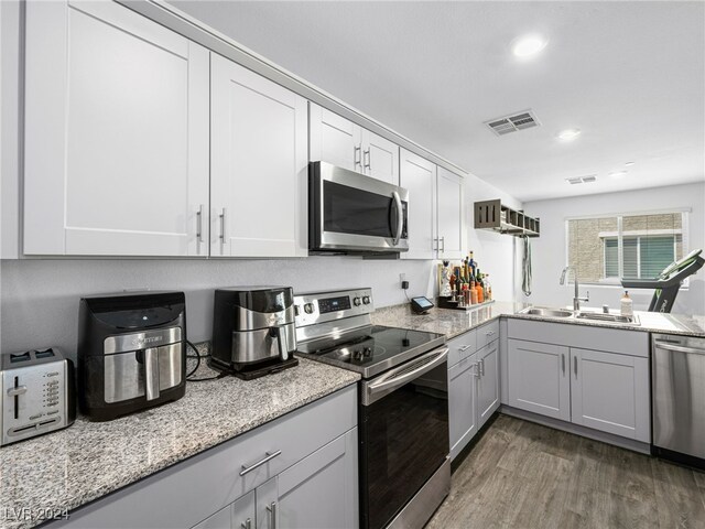 kitchen with dark wood-type flooring, appliances with stainless steel finishes, light stone counters, and sink