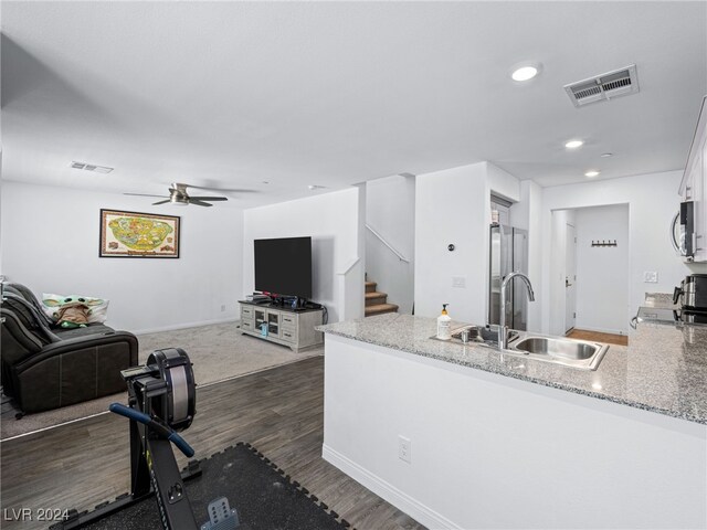 kitchen featuring appliances with stainless steel finishes, sink, ceiling fan, light stone counters, and white cabinets