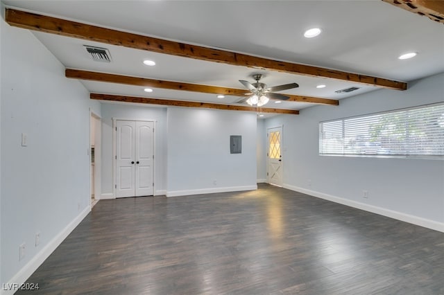 unfurnished room featuring dark hardwood / wood-style flooring, beamed ceiling, electric panel, and ceiling fan